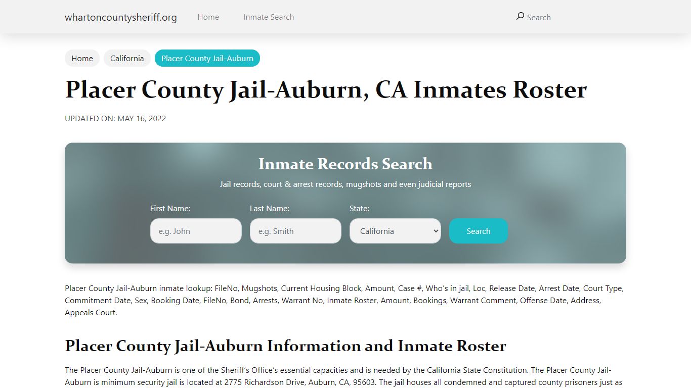 Placer County Jail-Auburn, CA Jail Roster, Name Search